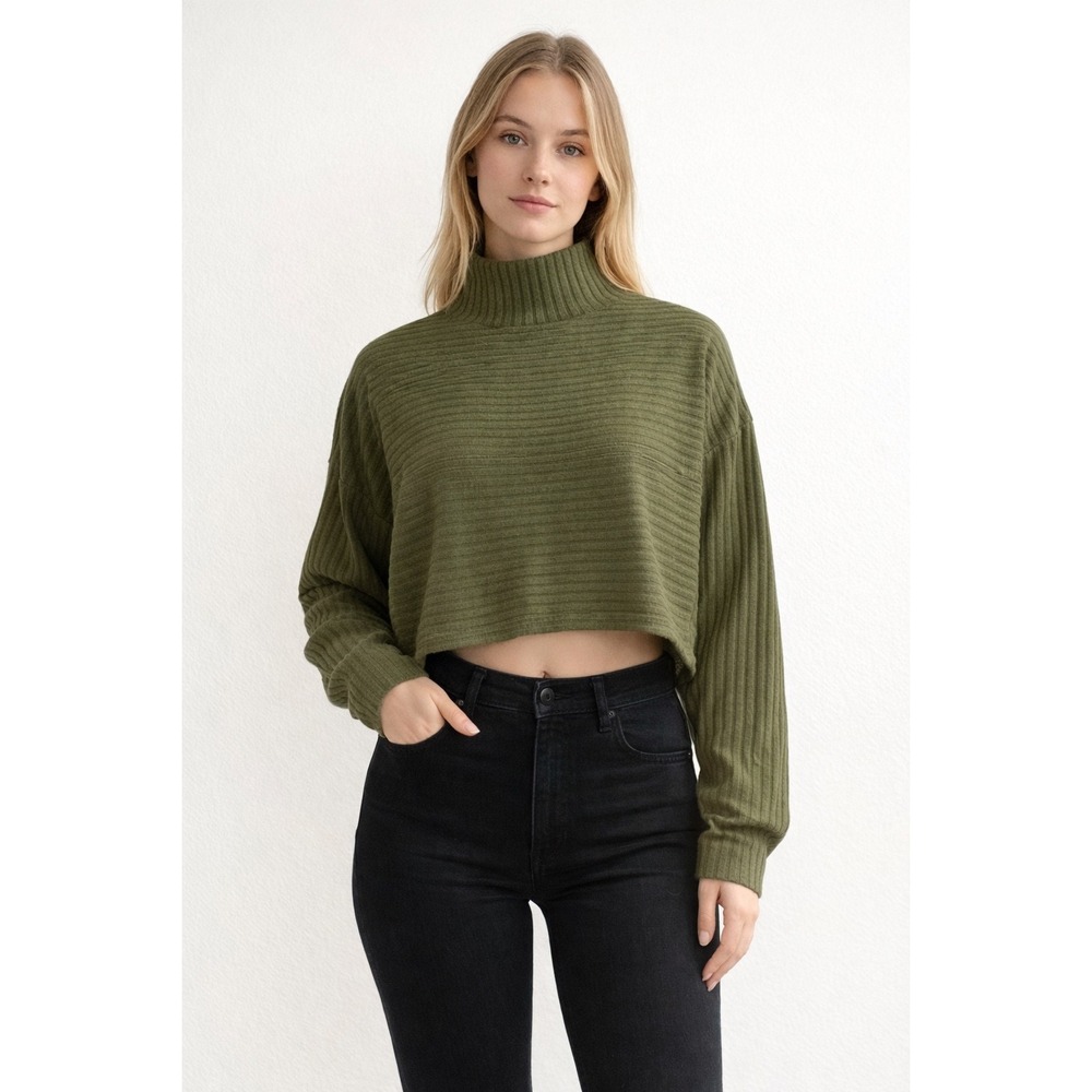 Pilcro Anthropologie Olive Green‎ Ribbed Mock Neck Cropped Sweater XXS